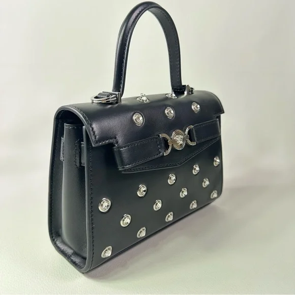 NEW! Versace Crystal Medusa 95 Studded Top Handle Shoulder Bag Black Lamb - Picture 2 of 11